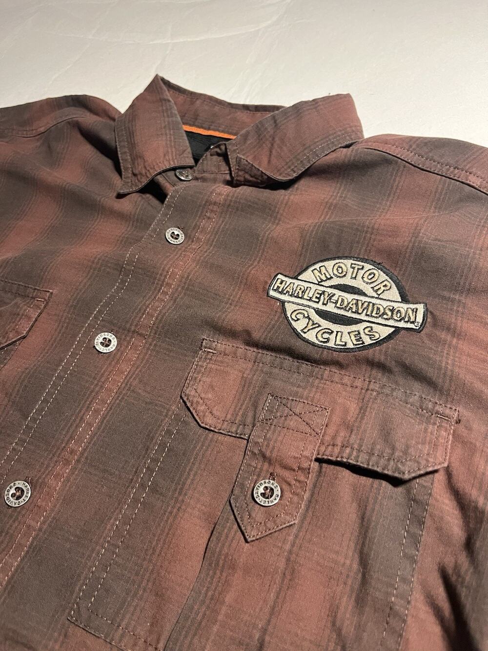 Harley-Davidson Men’s Large Brown Plaid Short Sleeve Button Up Shirt Embroidered